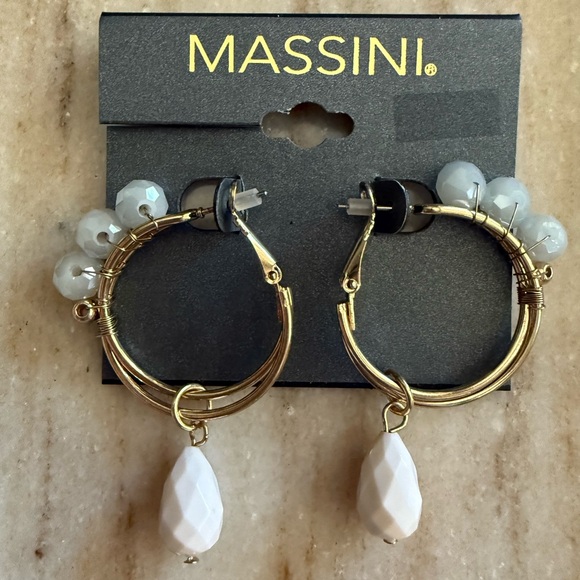 Massini Gold Hoop Earrings with White Beads - Picture 1 of 4
